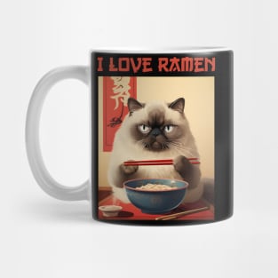 Quirky Chubby Himalayan Kitty Cat Eating Ramen - I Love Ramen Mug